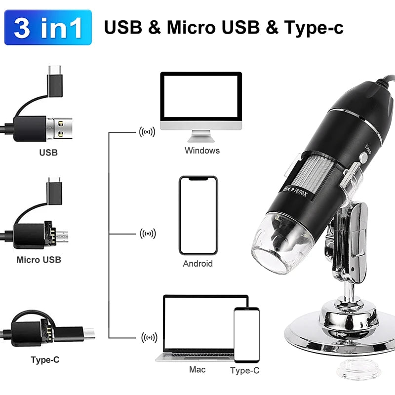1600X 3in 1 Digital Microscope Camera with Stand Portable Electronic Microscope For Soldering LED Magnifier Type-C USB Android