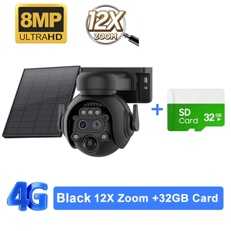 SHIWOJIA 4K 8MP 12X Zoom 4G Solar Security Cameras Wireless Outdoor 360° View Animal Monitoring Camouflage Color Battery PTZ Cam