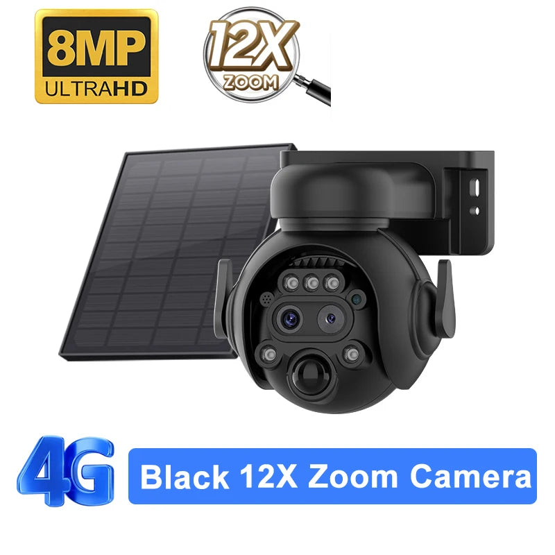 SHIWOJIA 4K 8MP 12X Zoom 4G Solar Security Cameras Wireless Outdoor 360° View Animal Monitoring Camouflage Color Battery PTZ Cam