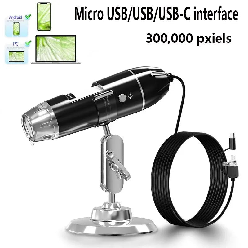1600X 3in 1 Digital Microscope Camera with Stand Portable Electronic Microscope For Soldering LED Magnifier Type-C USB Android