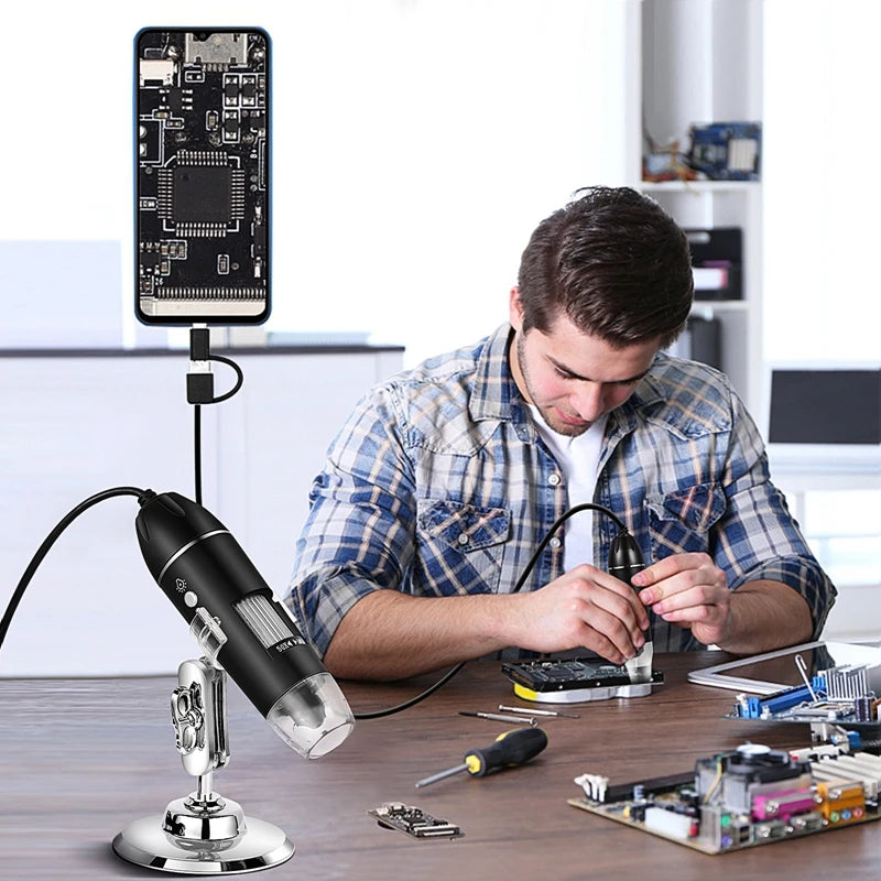 1600X 3in 1 Digital Microscope Camera with Stand Portable Electronic Microscope For Soldering LED Magnifier Type-C USB Android