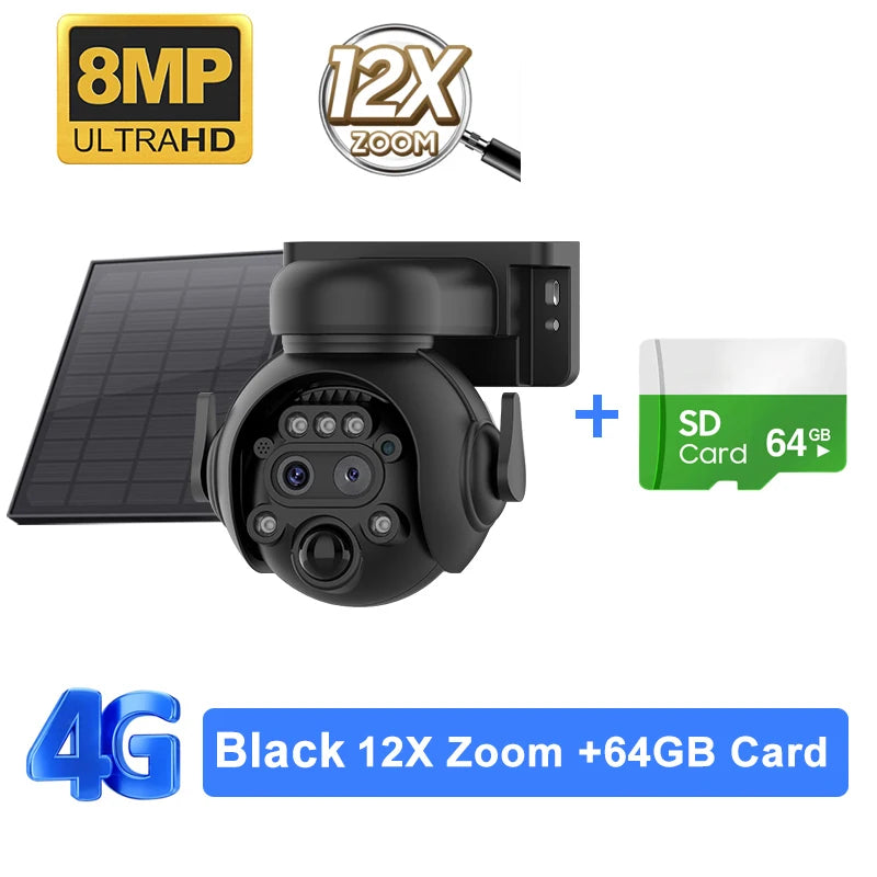 SHIWOJIA 4K 8MP 12X Zoom 4G Solar Security Cameras Wireless Outdoor 360° View Animal Monitoring Camouflage Color Battery PTZ Cam