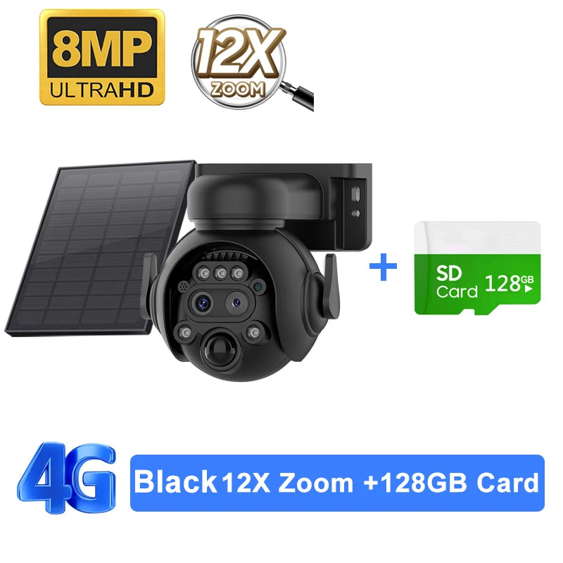SHIWOJIA 4K 8MP 12X Zoom 4G Solar Security Cameras Wireless Outdoor 360° View Animal Monitoring Camouflage Color Battery PTZ Cam