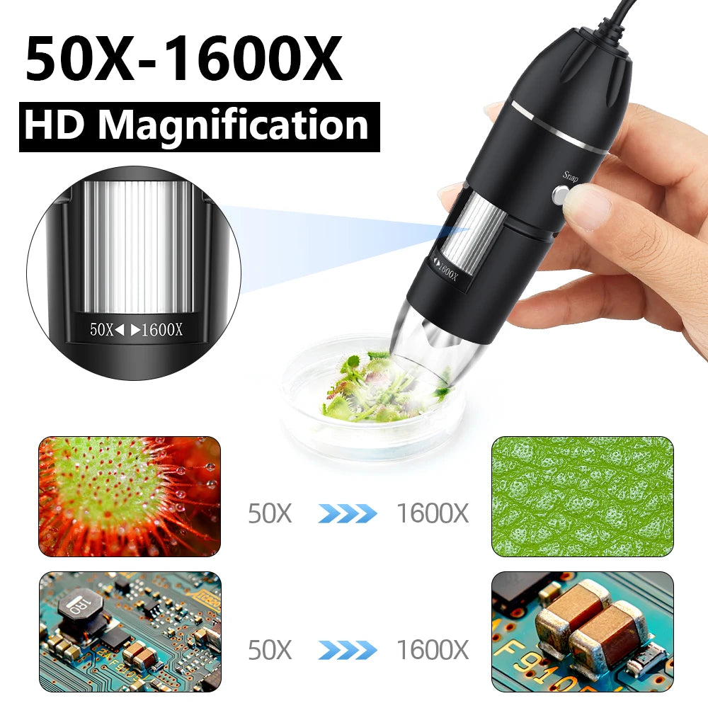 1600X 3in 1 Digital Microscope Camera with Stand Portable Electronic Microscope For Soldering LED Magnifier Type-C USB Android